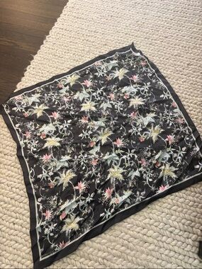 All saints Black Floral Silk Scarf with Pink & Pale Green Blooms. 33 x 33 inches
